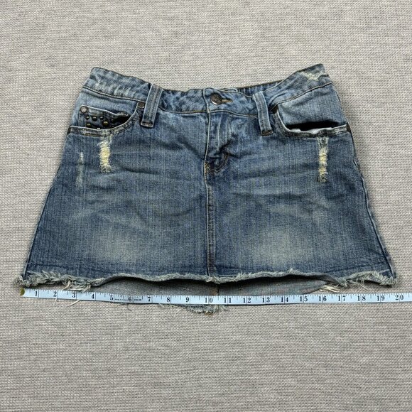 Hint Jeans Womens Blue Denim Skirt Distressed Studded Pockets Medium Wash Size 5 - Picture 10 of 12